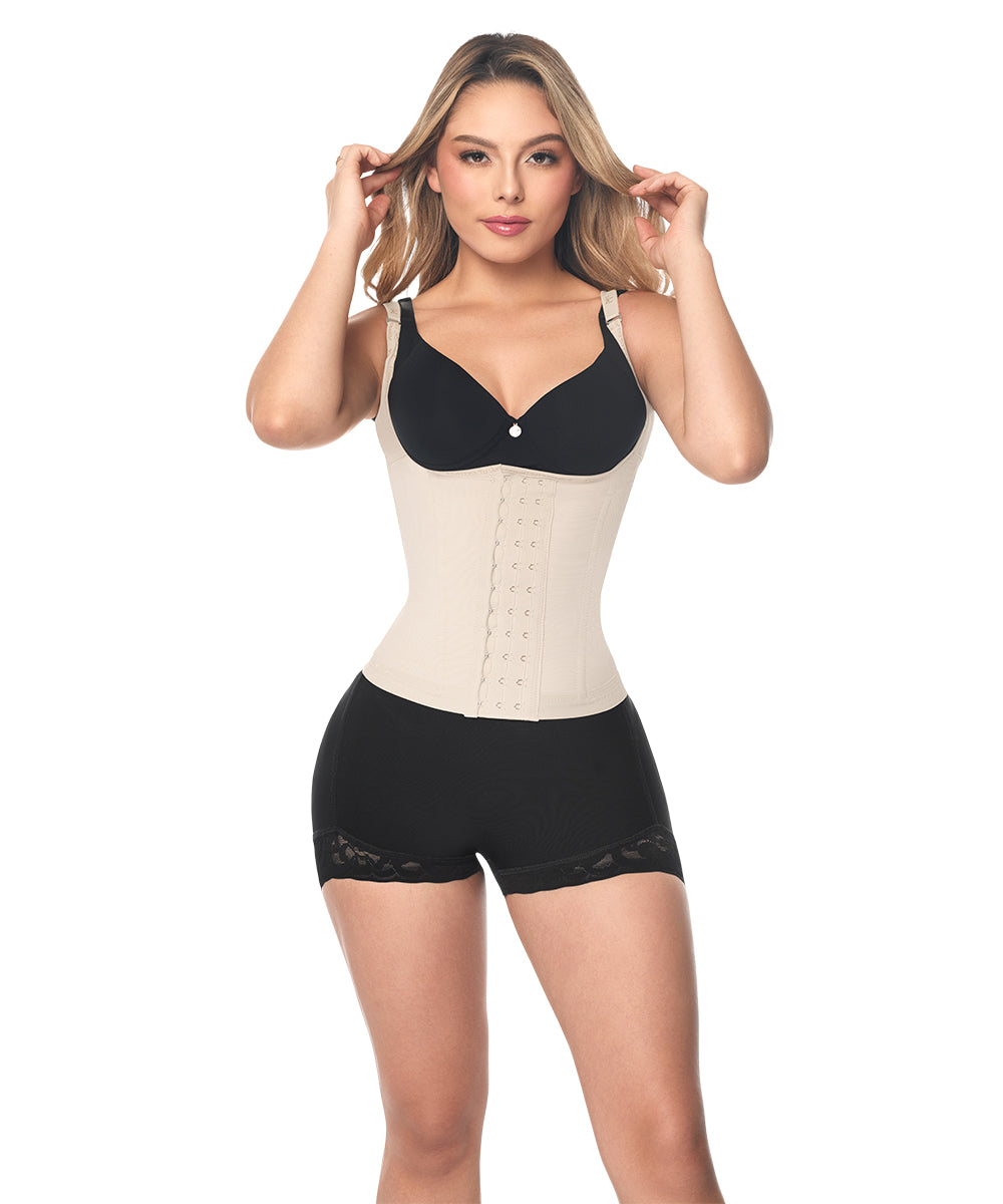 Faja chaleco colombiana para liposucción con alta compresión, diseñada para brindar soporte en abdomen y espalda alta, mejorar la postura y favorecer la recuperación postoperatoria.