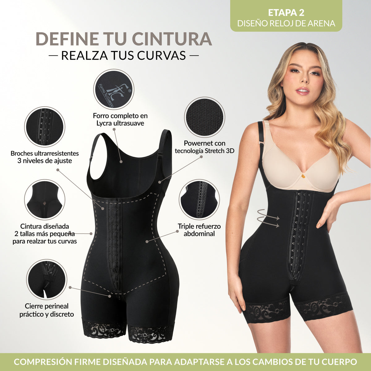 Faja moldeadora reloj de arena | control abdomen - media pierna con tiras, cremalleras y broche central (Ref. O-211 | Ref. O-011)
