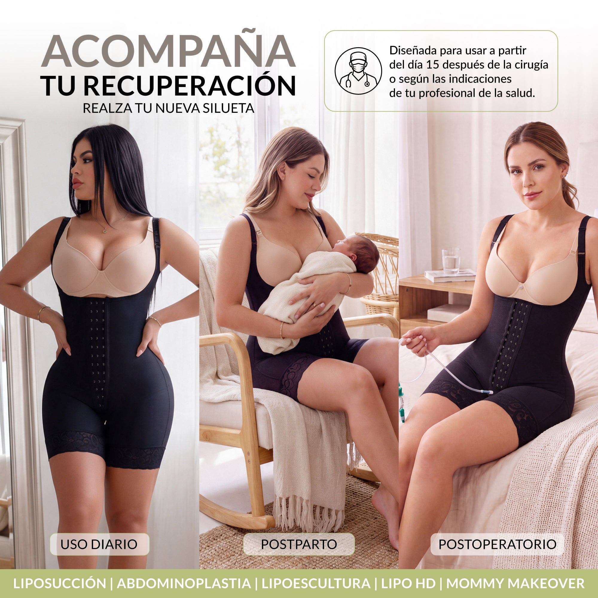 Faja moldeadora reloj de arena | control abdomen - media pierna con tiras, cremalleras y broche central (Ref. O-211 | Ref. O-011)